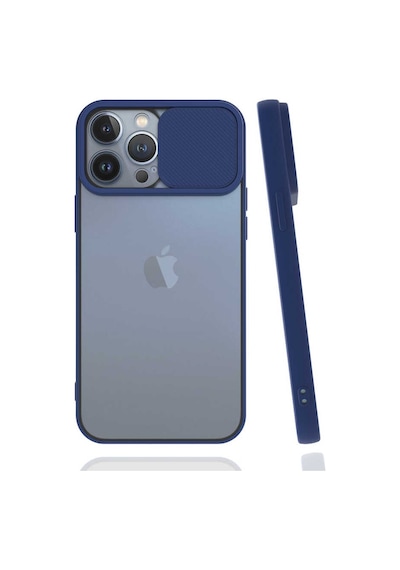 Noktaks - Apple Uyumlu iPhone   13 Pro Max - Kılıf   Slayt Sürgülü Arkası Buzlu Lensi Kapak - Lacivert