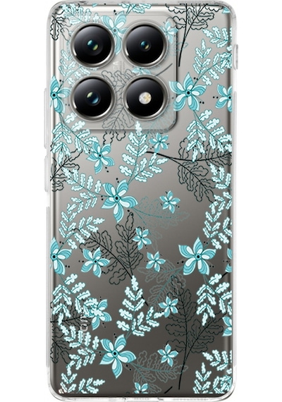 Xiaomi Mi 14t Pro İle Uyumlu Floral Su Yeşili Baskılı Kamera Korumalı Şeffaf Kılıf