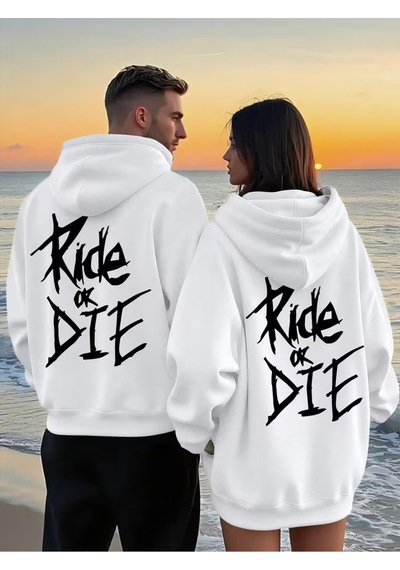 Oversize Hoodie Ride Or Die Baskılı Unisex Kapüşonlu Sweatshirt Beyaz