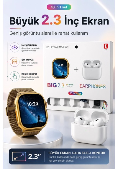 Akıllı Saat Ve Kablosuz Kulaklık Bir Arada Telefon Uyumlu Şık Hediye Seti