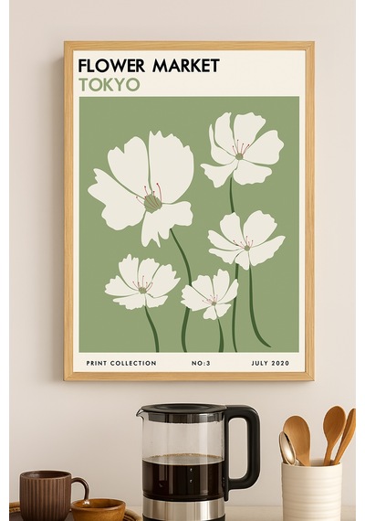 Flower Market Tokyo Doğal Ahşap Çerçeveli Poster, Dekoratif Sanatsal Duvar Tablosu