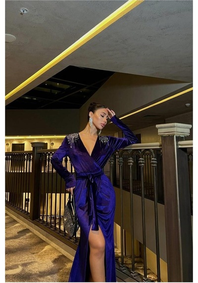 DefyModa Kadın Esnek Kadife Kumaş Kruvaze Yaka Kuşaklı Abiye Elbise Mor