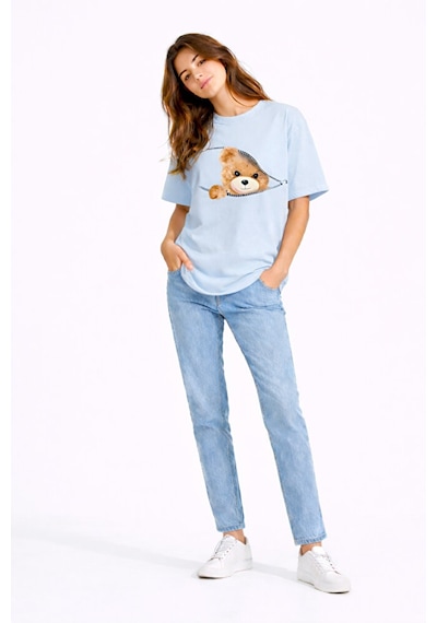 Fermuarlı Ayıcık Baskılı Kadın Tişört Oversize Sevimli Teddy Bear Mavi