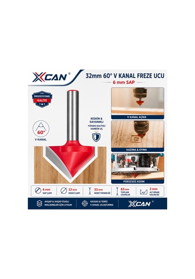 32 Mm 60 V Kanal Freze Ucu 6 Mm Sap Ahşap V Oluk Açma Frezesi