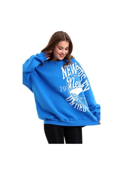 Winmoda34 Oversize Bisiklet Yaka 3 Iplik Şardonlu Kadın Sweatshirt New Jersey Mavi
