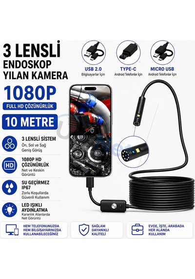 Uninet Türkiyede Ilk 10 Metre 3 Kameralı Android Ve Bilgisayar Uyumlu Endoskop Yılan Kamera 1080p Full Hd