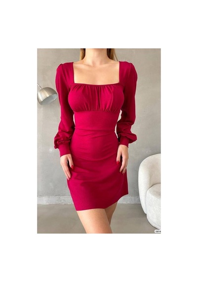 DefyModa Kadın Minimal Krep Kumaş Kare Yaka Uzun Kollu Elbise Bordo