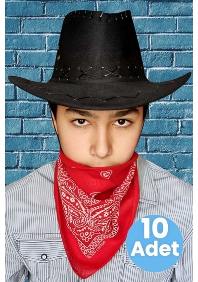 Uniquetrenders Çocuk Unisex Bandanalı 10'lu Nubuk Kovboy Şapkası 8-14 Yaş Siyah 2