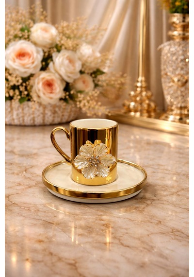 2 Kişilik Porselen Gold Platin Kaplama Lotus Çiçekli Kahve Fincan Takımı Seti 100ml Altın