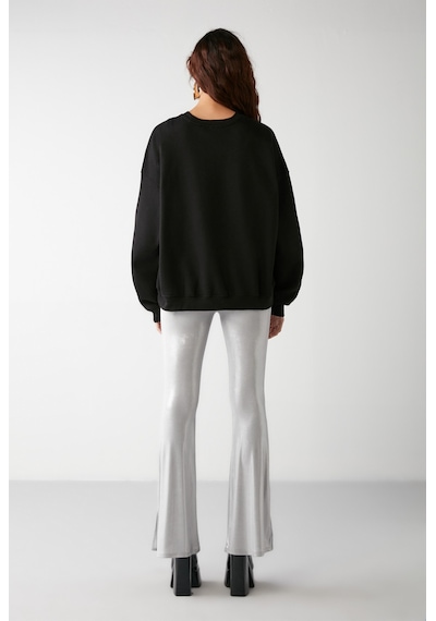 Grimelange Vaneltına İçi Polarlı 3 İplik Organik Pamuk Oversize Basic Bisiklet Yaka Kadın Sweatshirt - Siyah