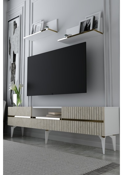180dhdtrüç5bta Tedy Lazer Pleksi Desenli Raflı Tv Sehpası Ünitesi Beyaz-traverten-altın 180dhdtrüç5bta Tedy Lazer Pleksi Desenli Raflı Tv Sehpası Ünitesi Beyaz-traverten-altın