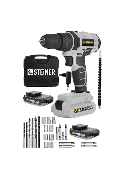 Steiner 58 V 5 Ah Metal Şanzıman Çift Lithium Akü Şarjlı Vidalama Matkap Gri + Set