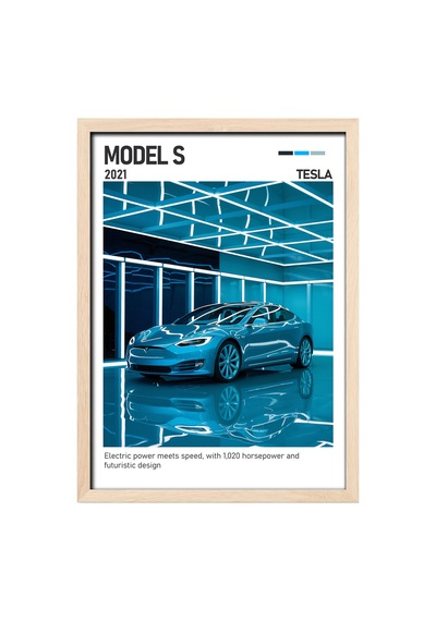 Tesla Model S Ahşap Çerçeveli Poster Tablo Elektrikli Ahşap 01