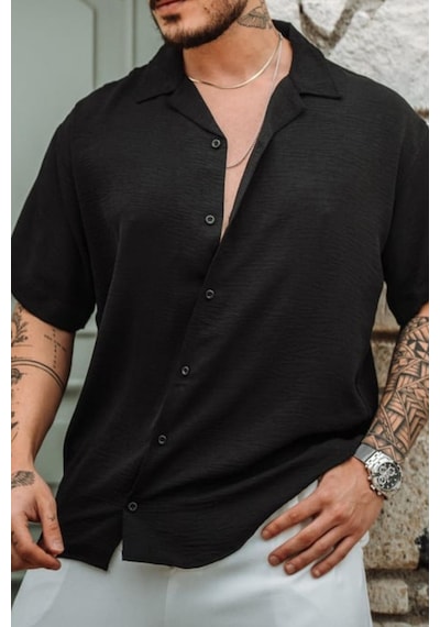Tarz Cool Erkek Krep Kumaş Oversize Gömlek SİYAH