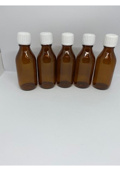 Amber Ecza Şişesi Kahverengi Beyaz Kapaklı Cam 100ml Şurup Şişesi 10 Adet Kahverengi