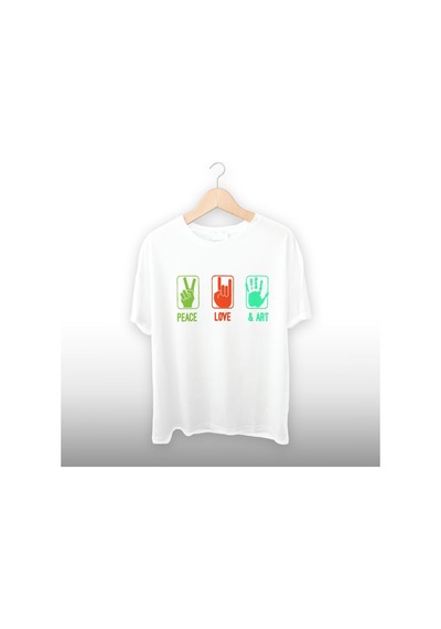 Peace Love Art Detaylı Unisex Tişört Beyaz
