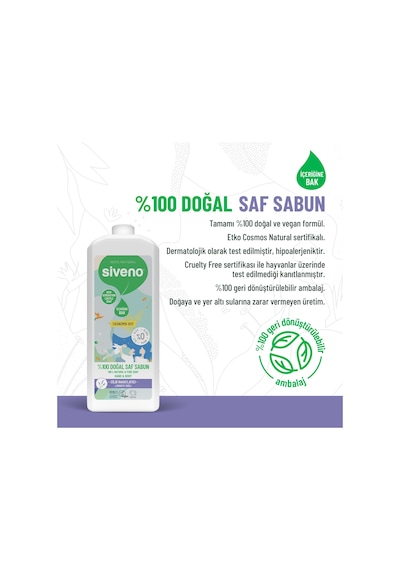Siveno %100 Doğal Sıvı Kastil Sabun Lavanta Yağlı Cildi Rahatlatıcı Nemlendirici Bitkisel Vegan 1 L