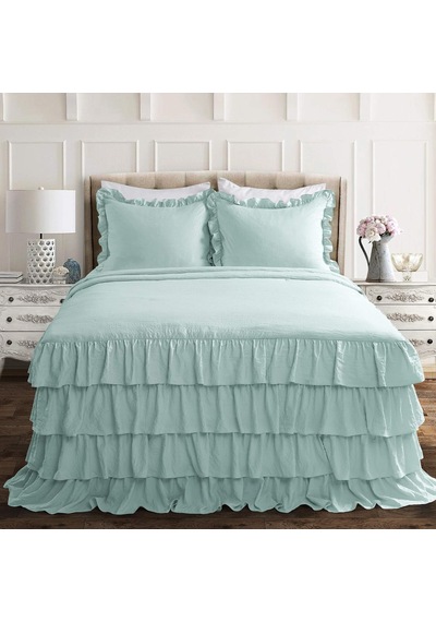 Aqua Allison Fırfırlı Etek Yatak Örtüsü Vintage Şık Çiftlik Evi Tarzı Hafif 3 Parça Set Queen Çok renkli