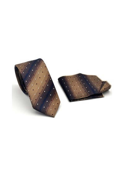 Gaffy Kahverengi Verev Desenli Bej Dokuma Kumaş Mendilli Slim Fit Kravat // Sdk-2505-5 Bej