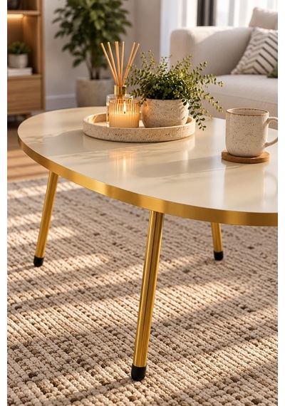 Sulorahome Gold Metal Oval Orta Sehpa Krem