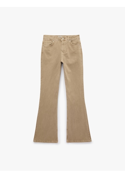 Koton Pamuklu Dar Kesim Yüksek Bel Cepli Düğmeli İspanyol Paça Pantolon - Flare Jeans Kahverengi 7wal40005mw Kahve