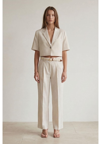 Quzu 25yckt00478 Vatkalı Crop Blazer Ceket Naturel