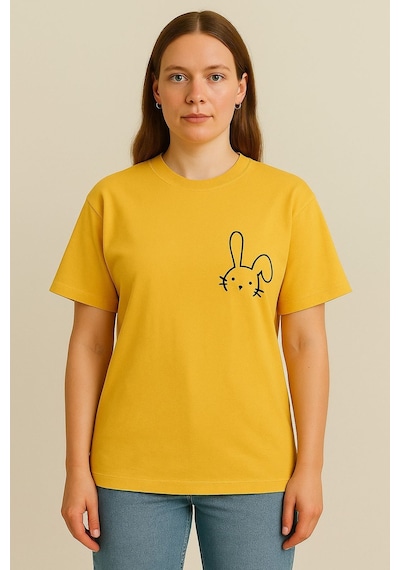Kadın Tavşan Baskılı Oversize Sarı T-shirt Sarı