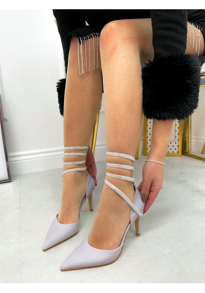 Ervanın Butiği Gümüş Saten Brice Taş Detay Bilek Bağlamalı Kadın Stiletto-4205