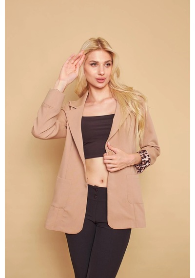 Yakalı Cepli Uzun Kol Katlamalı Blazer Kumaş Ceket-bej Bej
