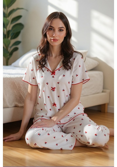 Bella Notte Pamuklu Kiraz Desenli V Yaka Pijama Takımı Kırmızı