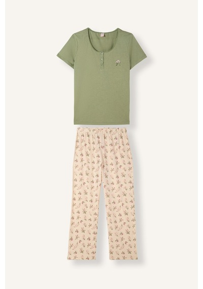 Defacto %100 Pamuk Regular Fit Kısa Kollu İşlemeli Üst Çiçekli Geniş Paça Alt 2li Pijama Takım I6408ax26aukh461 Haki-kh461