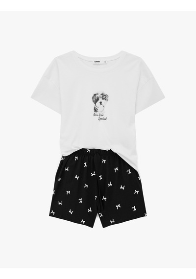 Koton Pamuklu Baskılı Kısa Kollu Tişört Ve Şortlu Pijama Takımı Beyaz 6slk40132mk