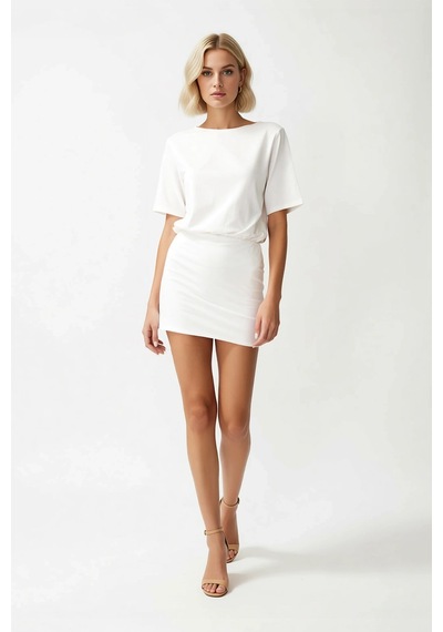 Benerly Kadın Mini Bodycon Kısa Kollu Bisiklet Yaka Esnek Örme Elbise Las Beyaz
