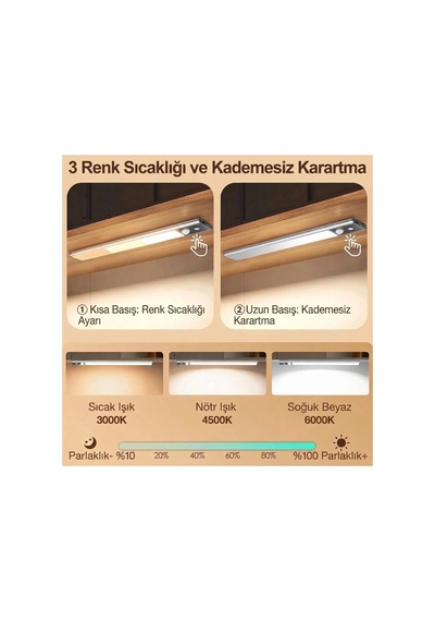 40 Cm Sensörlü Alüminyum Usb Şarjlı Led Gece Lambası 3 Renk Kısılabilir Mutfak Tezgah & Dolap İçi Çok Renkli