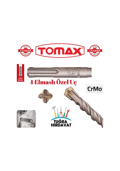 Tomax Sds Plus 10x210 Mm 4 Elmaslı Beton Ve Duvar Delme Matkap Ucu 5'li Paket Crmo