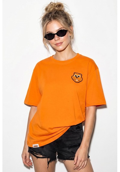 Shade Kadın Cotton Nakışlı Teddy Detaylı Bisiklet Yaka T-shirt 60382610 - Turuncu 2XL