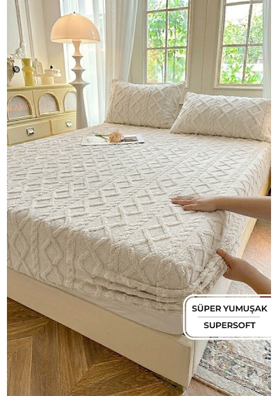 Süper Yumuşak Jakar Kadifemsi Peluş Lastikli Fitted Çarşaf Seti Kaymaz Tek/çift Kişilik Bej Açık Bej