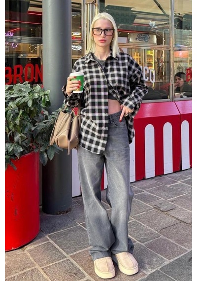 Madmext Siyah Oversize Ekose Desenli Kadın Gömlek Mg2589 Siyah