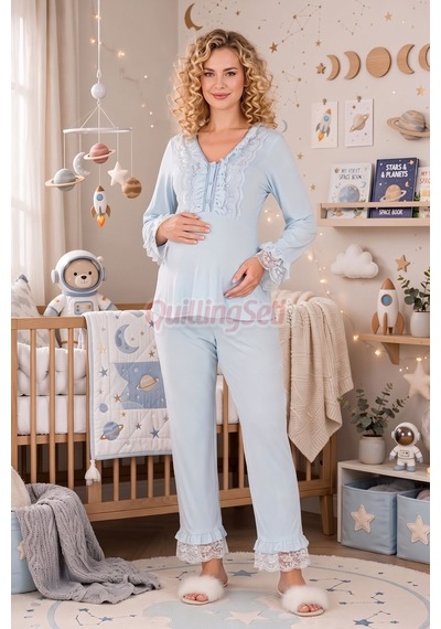 Lady Bebe Mavi Renkli, Dantel Detaylı, 33208 Uzun Kol, 2 Parça Lohusa Hamile Pijama Takımı Açık Mavi
