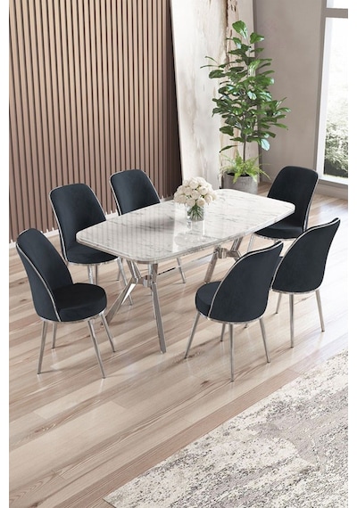 Canisa Lena Serisi 90x160 Lak Panel Beyaz Mermer Desen Krom Ayaklı Masa Takımı Ve 6 Antrasit Sandalye Beyaz Mermer Desen Masa Sandalyeler Antrasit