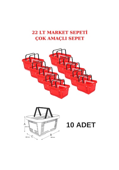 22 Litre 10 Adet Market Sepeti, Alışveriş Sepeti, Saplı Market Se