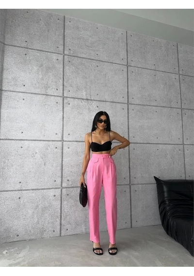 Defymoda Pantolon Kapalı Cep 3 Düğme Detaylı - Pembe Pembe Defymoda Pantolon Kapalı Cep 3 Düğme Detaylı - Pembe Pembe