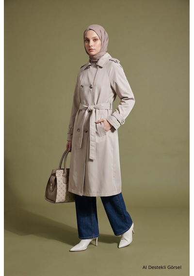 Armine Trend Klasik Yaka Belden Kuşaklı Çift Cepli 101 Cm Boy Trenckot Taş 26kt728