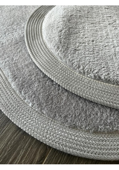 Melena Carpet Premium Kaymaz Taban Peluş Banyo Paspası Seti Jüt Kenar Detaylı 2 Li Oval Yuvarlak 100x60 60x60 Açik Gri
