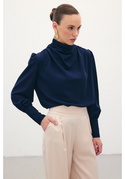 Sateen Drape Detaylı Bluz - Lacivert