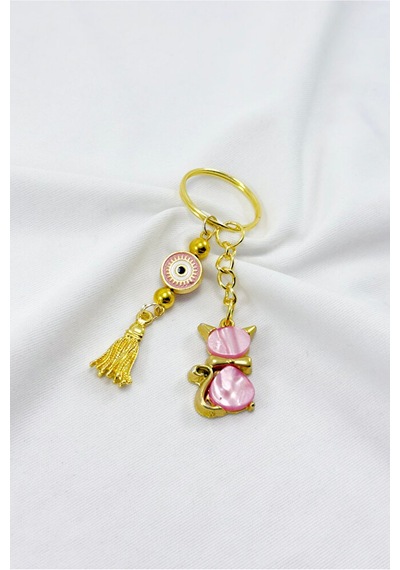 Pembe Renkli Sedefli Sevimli Kedi Figürlü Salkım Anahtarlık, Hedi
