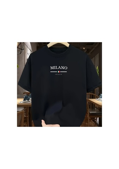 Caddemia Şık Gündelik Bol İtalyan Tarzı Milan Harfli Baskılı Yuvarlak Yakalı Kı Siyah 2XL