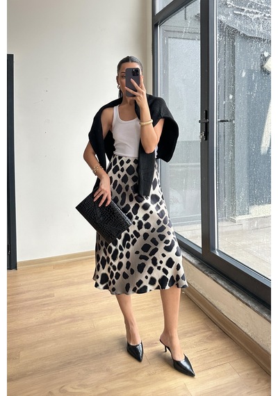 Mixray 4647 Kadın Beli Lastikli Leopar Saten Etek Toprak