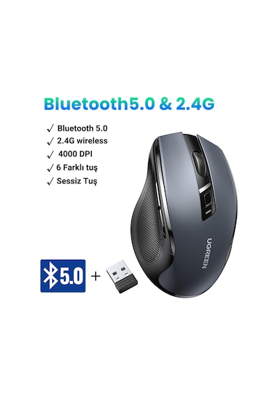 Ugreen 4000 Dpı Dual Mode 2.4ghz Kablosuz Ve Bluetooth Sessiz Optik Mouse, 90855 -
