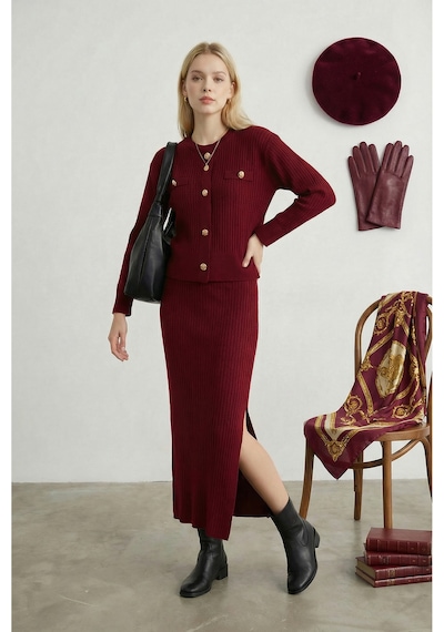 Sayzen Your Shine Selanik Örme Gold Düğmeli Kazak-etek Triko Takım Sy-2606 Bordo